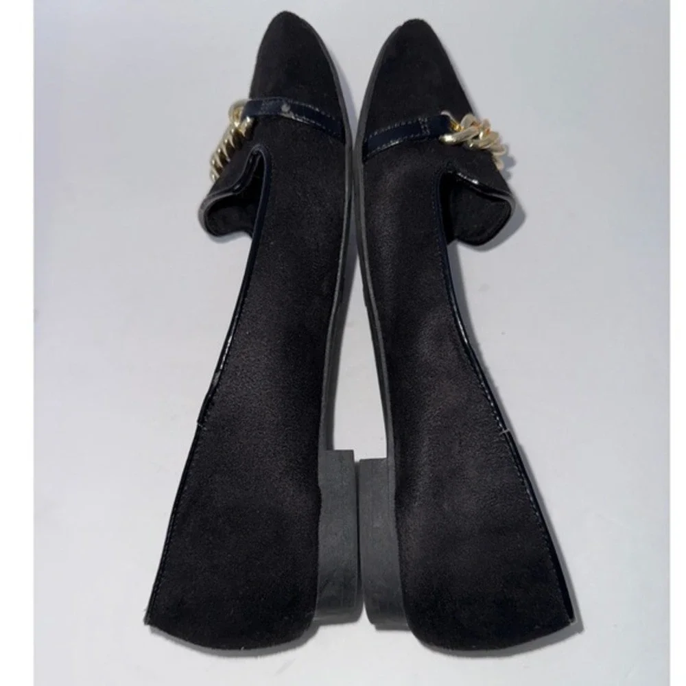 VTG Payless Women Black Faux Suede/Gold Chain Loafers 7.5 Y2K Preppy Career Goth
